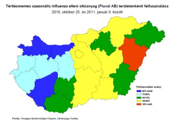 Térítésmentes szezonális influenza elleni oltóanyag (Fluval AB) területenkénti felhasználása  2010. október 25. és 2011. január 9. között 